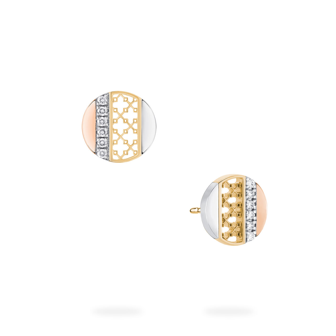 Birks Dare to Dream earrings featuring diamond-set circle motifs in white, yellow, and rose gold image number 4